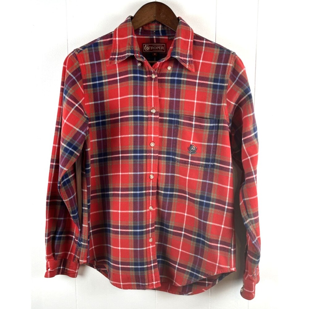 Roper Red Plaid Flannel Shirt Size Small Horseshoe  100% Cotton Western Ranch